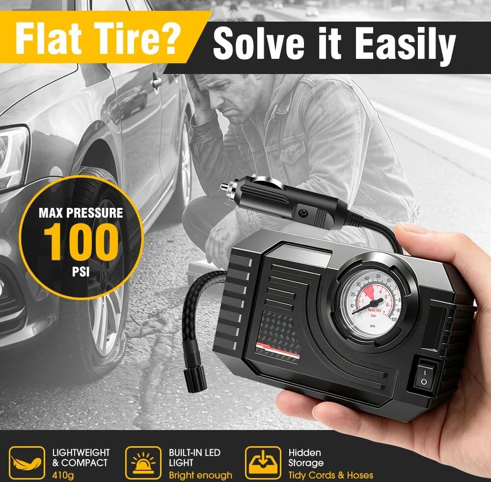 CARSUN Don't Get Stranded 12V Tire Inflator 90PSI Portable Air Compressor Analog Gauge LED for Car Motorcycle Bicycle Ball CE