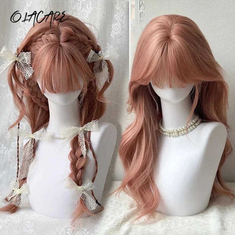 OLACARE Synthetic Long Curly Wavy Pink Brown Wig with Bangs Cosplay Fluffy Natural Women Lolita Heat Resistant Hair Wig for Daily Party
