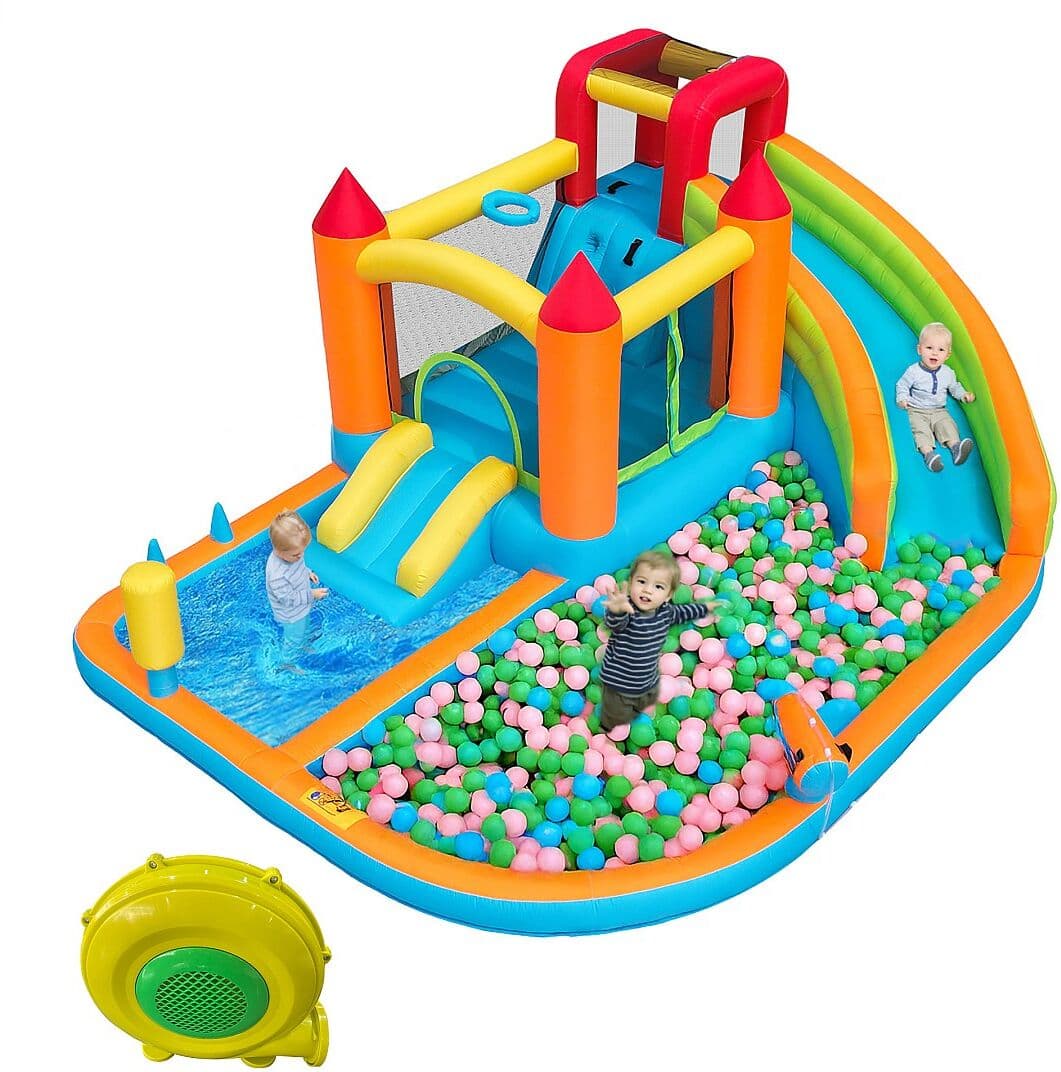 Merax 8-in-1 opblaasbaar zwembadkasteel voor kinderen - 460 x 343 x 190 cm - Oxford - met blower - Oranje