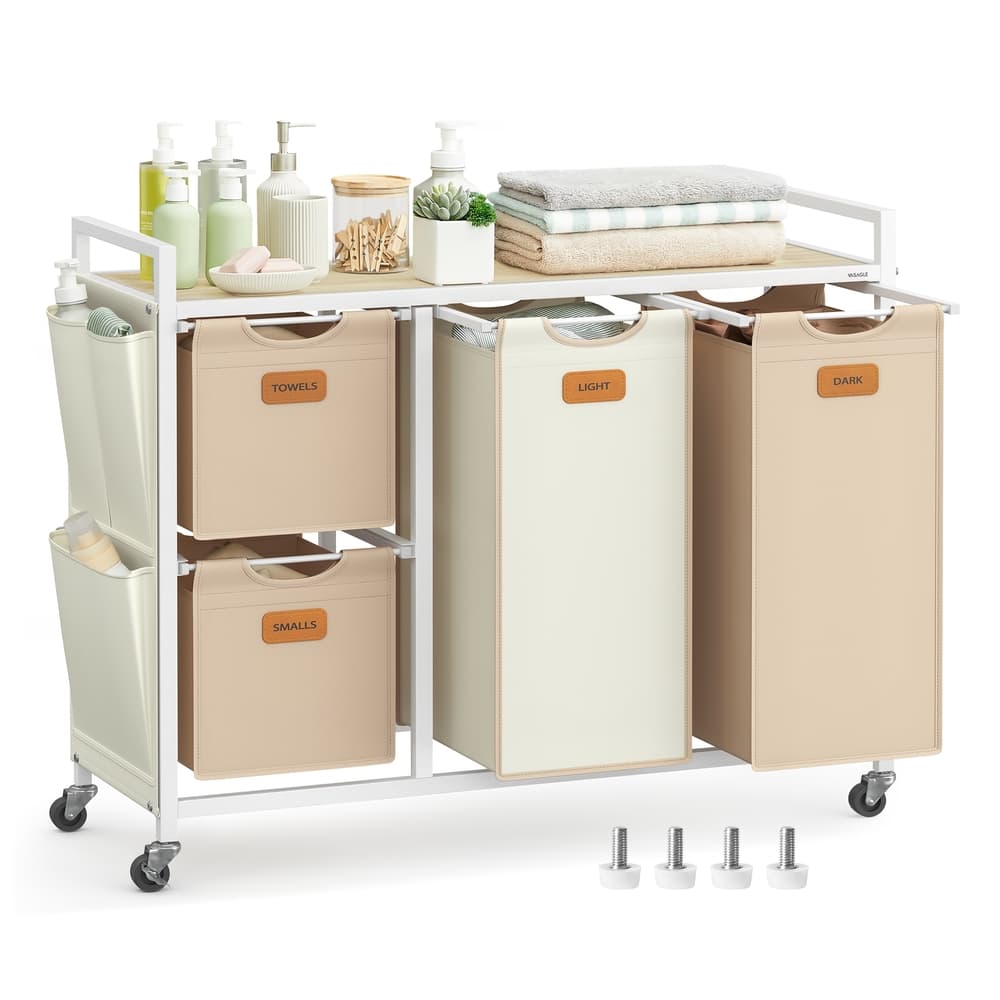 VASAGLE Wäschekorb 4 Fächer naturbeige-kamelbraun-cremeweiß BLH203N01