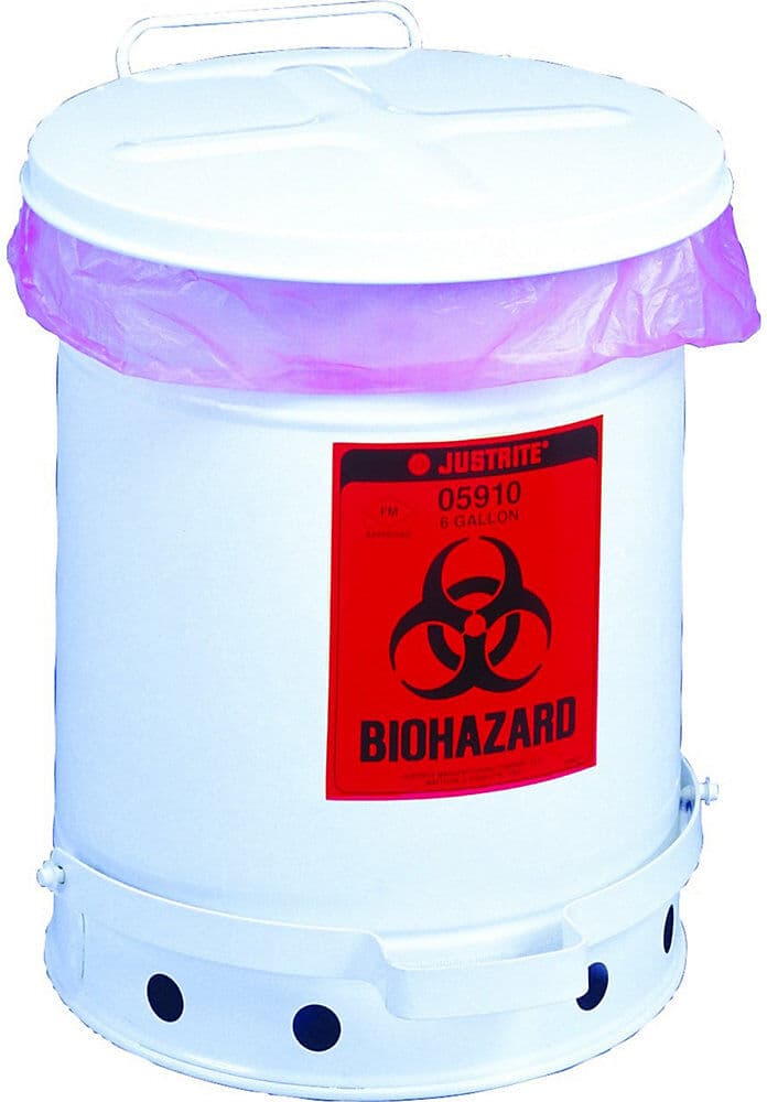 Stahlblech-Sicherheits-Entsorgungsbehälter für biogefährliche Abfälle, BIOHAZARD-Aufkleber, Volumen 34 l, mit Pedal, weiß, ab 3 Stk Justrite