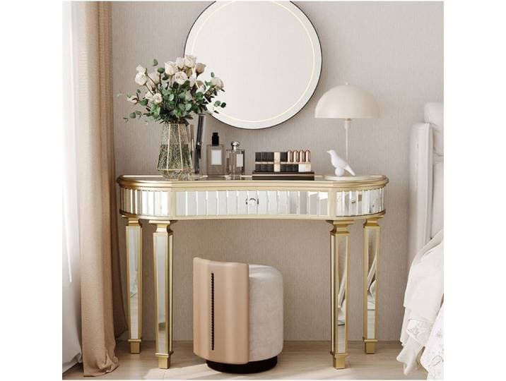 ROVRYN Console demi-lune miroir 120 cm avec tiroir verre et MDF doré et argenté