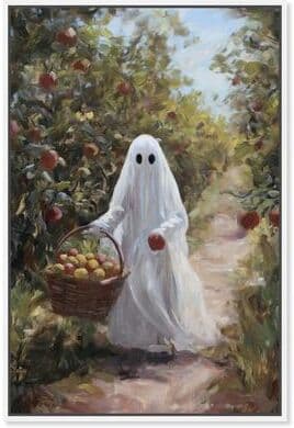 Apple Picking Ghost Halloween Art Decor Canvas Print by Art Remedy