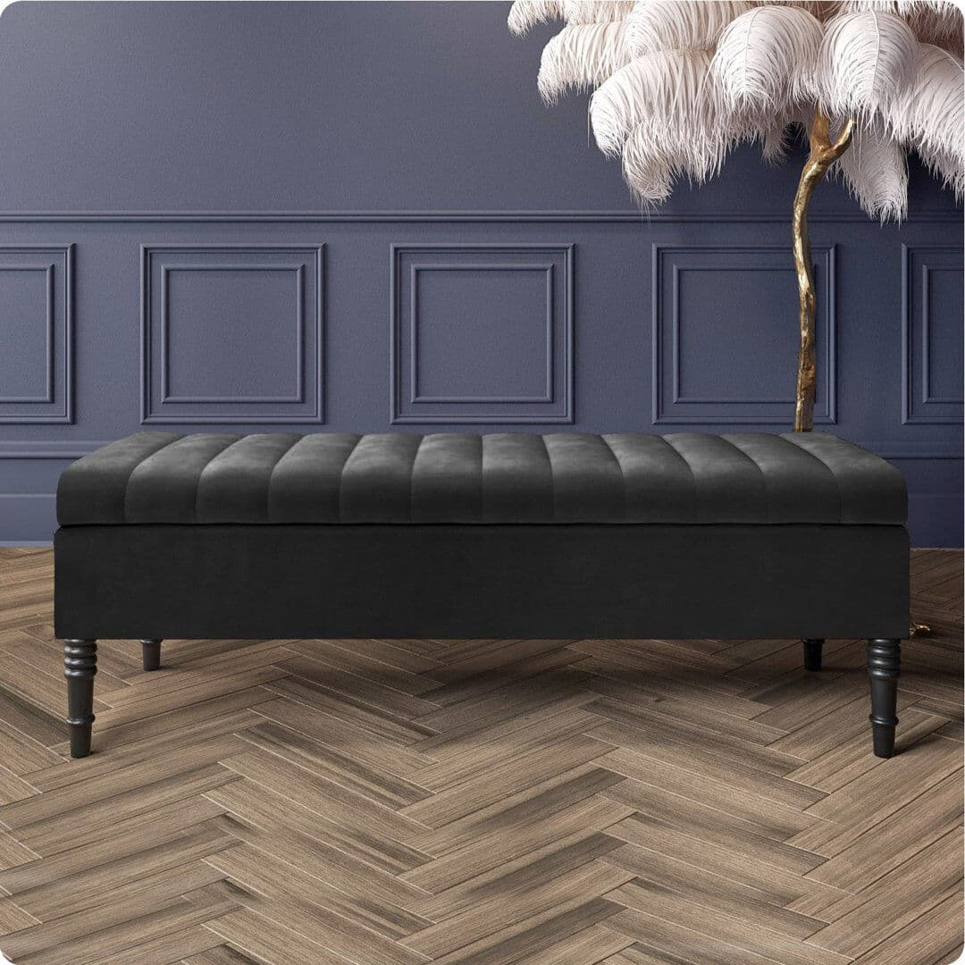 R&M Furnishers Safar Striped Ottoman Storage Bench – Upholstery Plush Velvet Shoe Bench with Black Turned Wooden Legs Black 40cm H x 150cm W x 40cm D