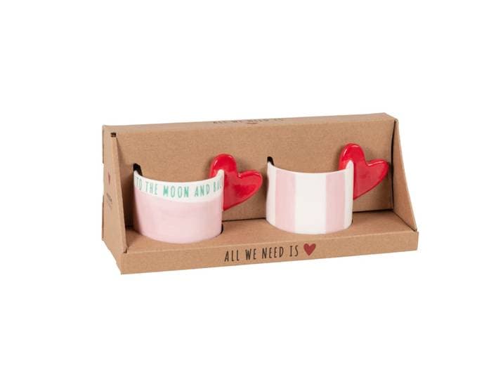 2er Set Tassen aus Steingut mit Herzhenkeln, weiß, grün, rosa