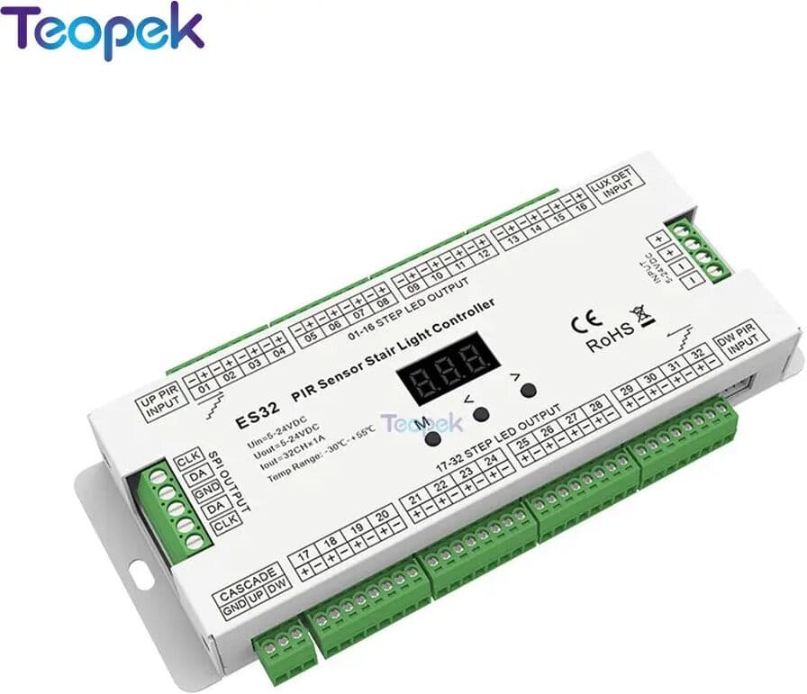 teopek Skydance Smart Stair Light Controller ES32 32 Stepcase PIR Motion Sensor Daylight Sensor SPI Pixel LED Lighting Controller