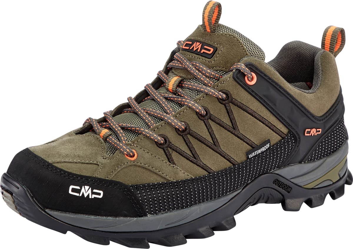 Wanderschuh CMP "RIGEL LOW WP TREKKING SHOES", Herren, Gr. 42, Synthetik, grün (olive, flame), Leder, Schuhe Wanderschuh, wasserdicht olive, flame 42, Synthetik