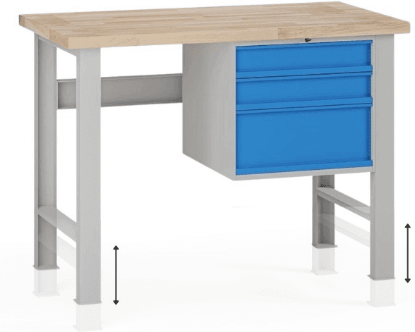 B2B Partner Höhenverstellbarer Werkbank G7, Buche-Leimholzplatte, 1200 x 685 x 840-1040 mm, 1x Container, 3 Schubladen, blau