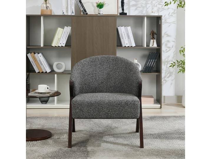 Fauteuil de salon – Assise et dossier rembourrés lin doux structure solide bois massif – gris