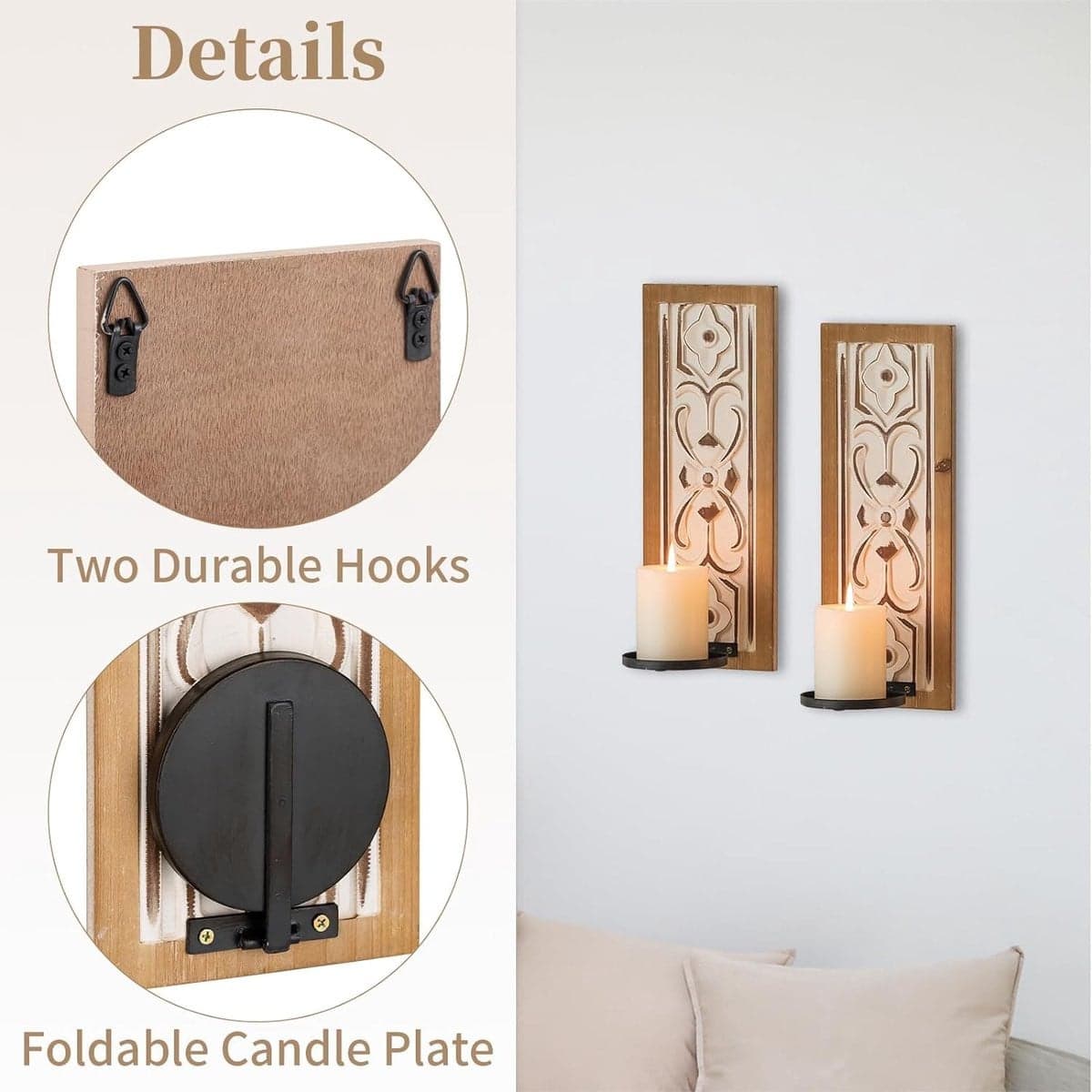 Houten Wandkandelaar met Bloem Reliëf Ontwerp - Vintage Rustieke Muurdecoratie voor Woonkamer en Open Haard