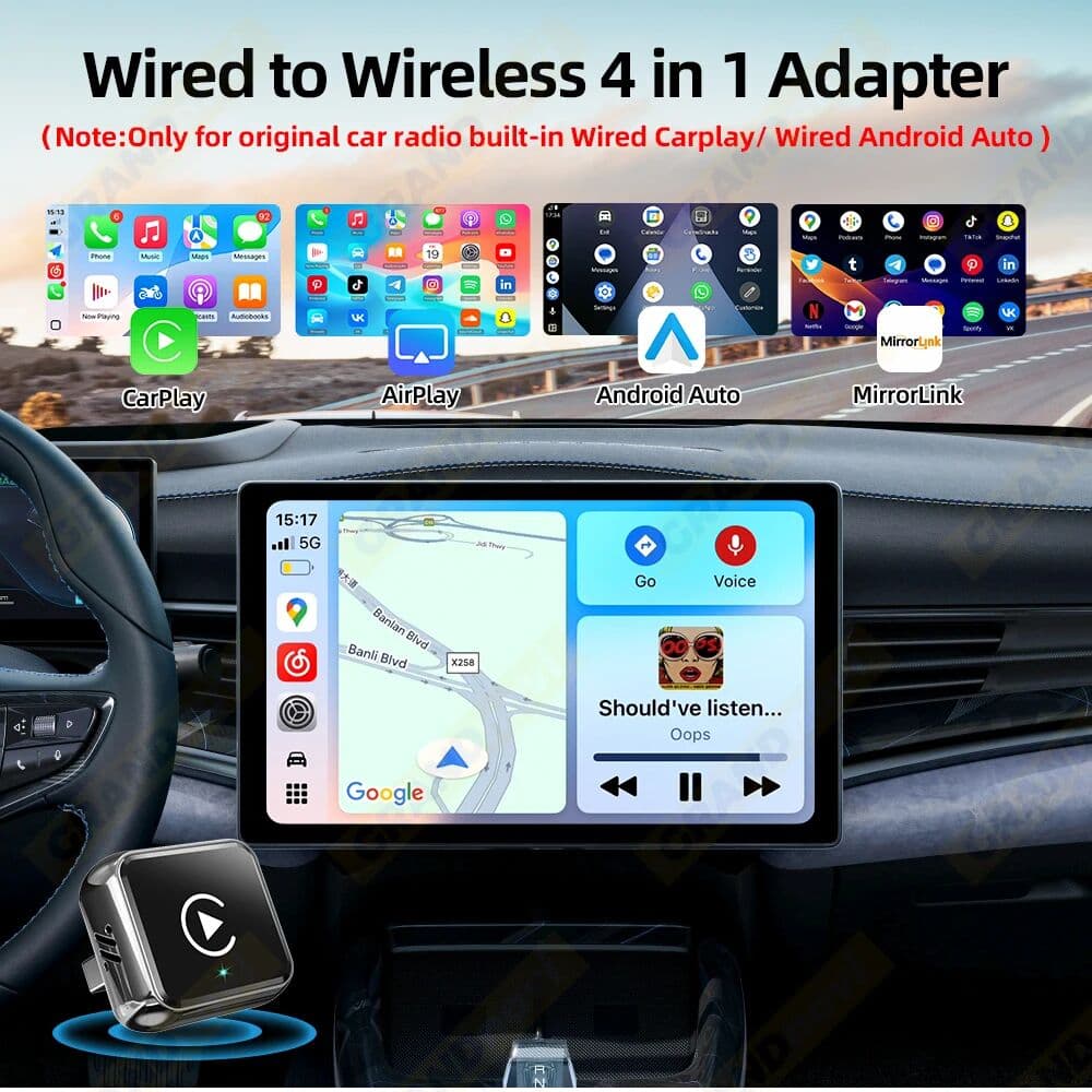 grandnavi 4IN1 Dongle Wireless Carplay Adapter USB Plug Play WiFi Bluetooth for iPhone Carplay Airplay Android Auto Mirrorlink Connect