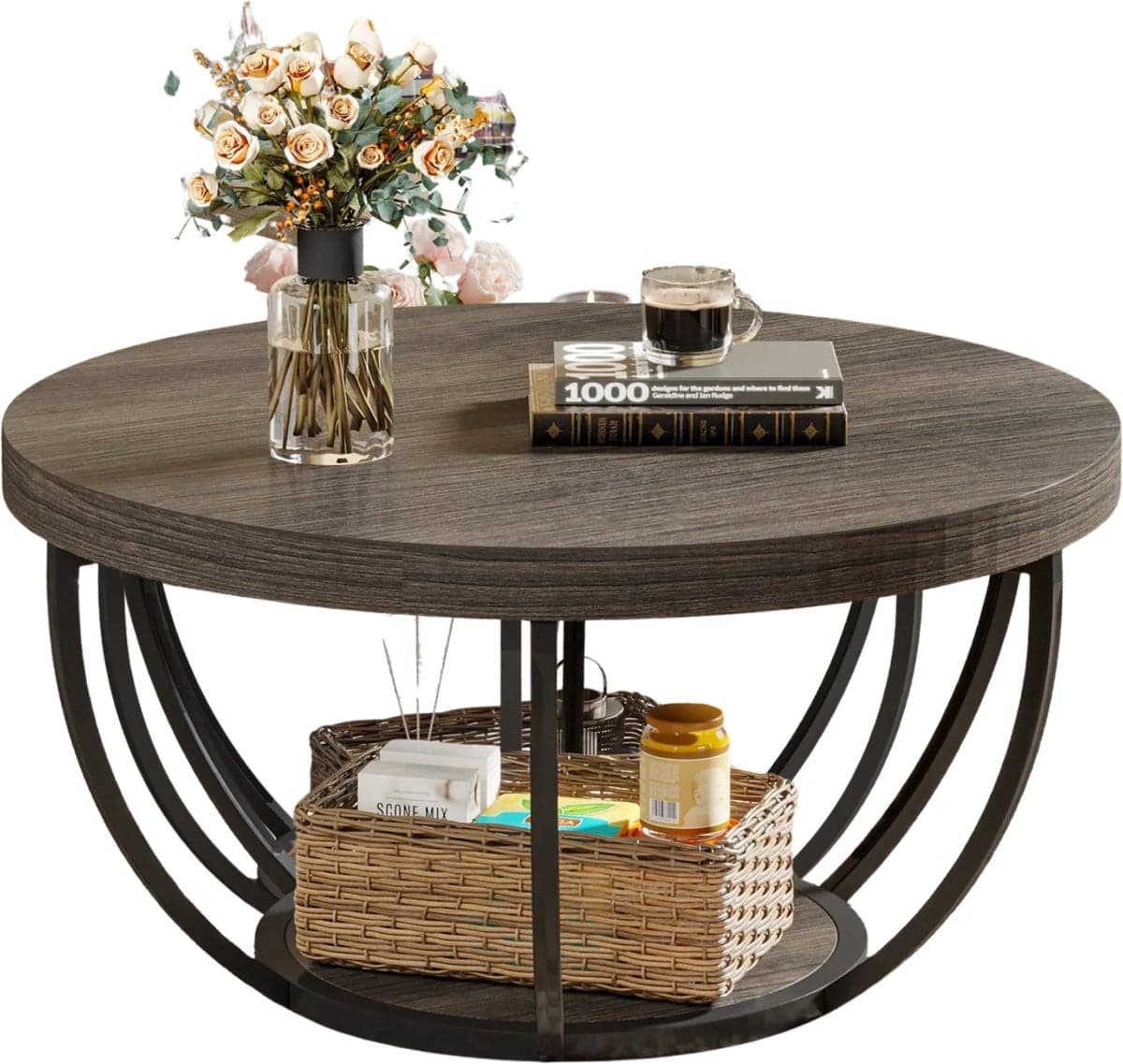 NaevaMi Salontafel Rond - Industrieel Hout en Metaal - Grijs - B/D/H: 80 x 80 x 44 cm