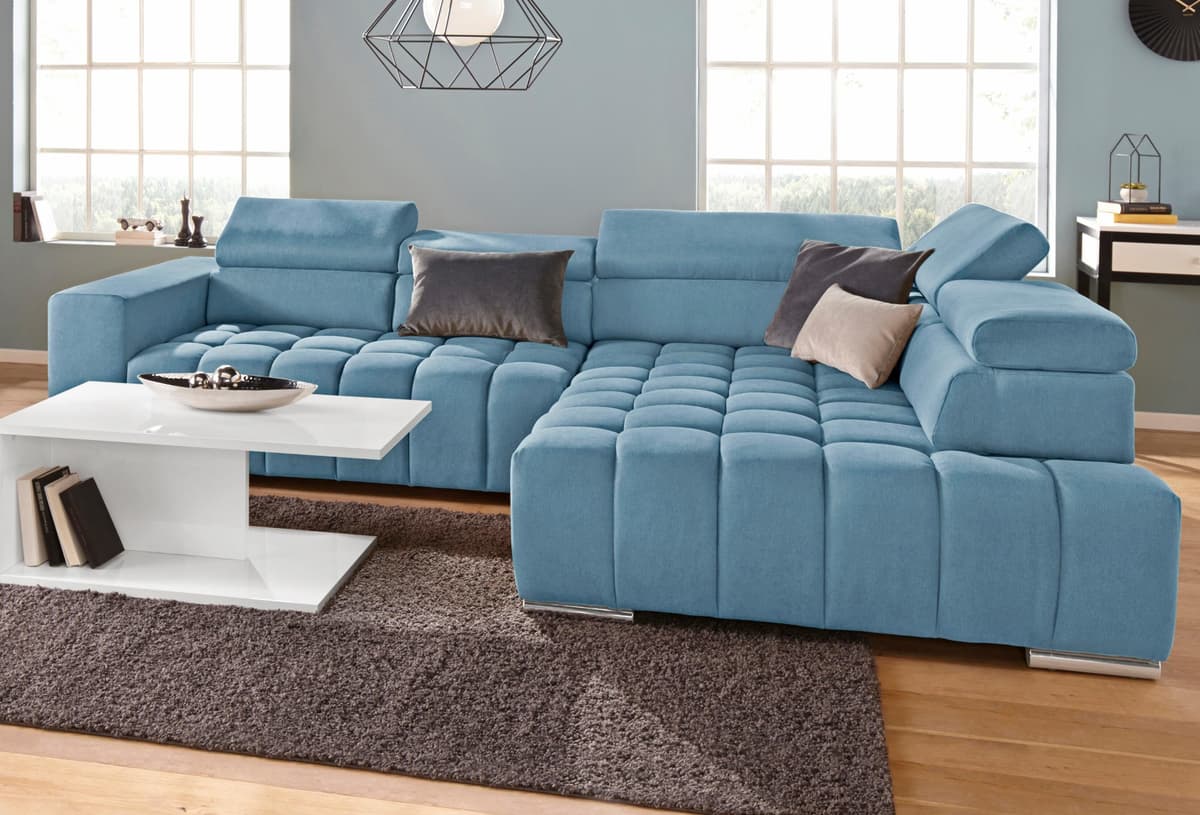 Ecksofa EXXPO - SOFA FASHION "Elias, Kopfteilverstellung, Kreuzsteppung im Sitz, bequem, L-Form", blau (azur), B:307cm H:94cm T:201cm, Struktur ( 100% Polyester), Sofas, Ecksofa, mit Kopf- bzw. Rückenverstellung, wahlweise mit Bettfunktion azur B/H/T: 307