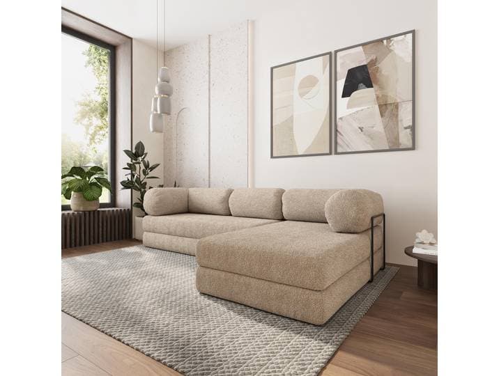 Masseno Ecksofa KELI mit Metallgestell, Modulares Schlafsofa aus Schaumstoff, Klappbares Bodensofa, Schlaffunktion - Beige, QUELLE 05