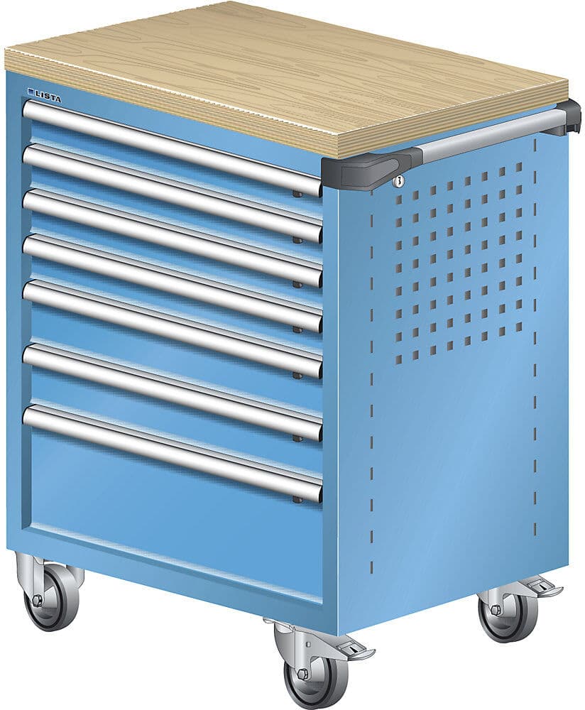 Werkstattwagen, mit Multiplex-Holzabdeckung 40 mm, 7 Schubladen, blau LISTA