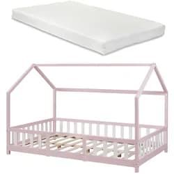 En.Casa, Kinderbett, Kinderbett Sisimiut mit Matratze 140x200 cm Rosa / Weiss