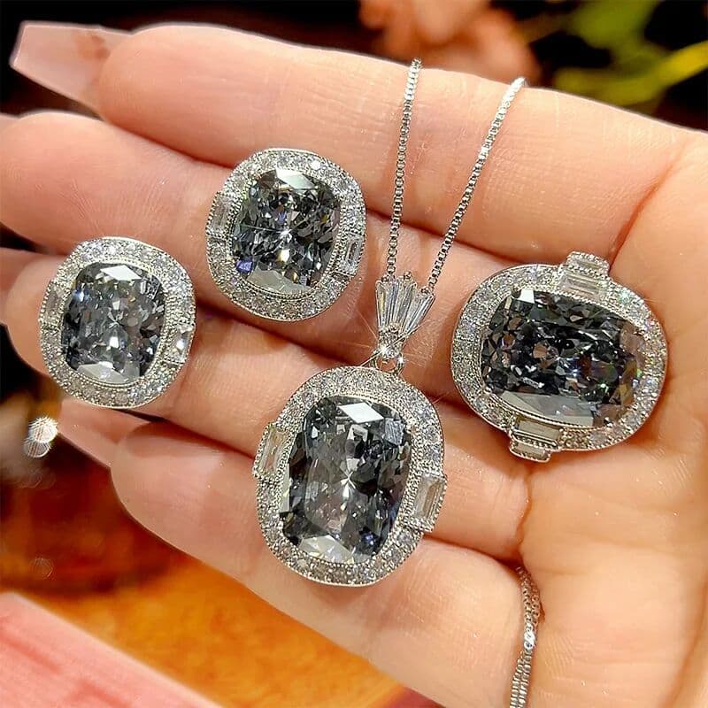LJDZSW Sparkling Gray Oval Cut Cubic Zirconia Jewelry Adjustable Ring Necklace Earrings Luxury Bridal Wedding Party Jewelry for Women