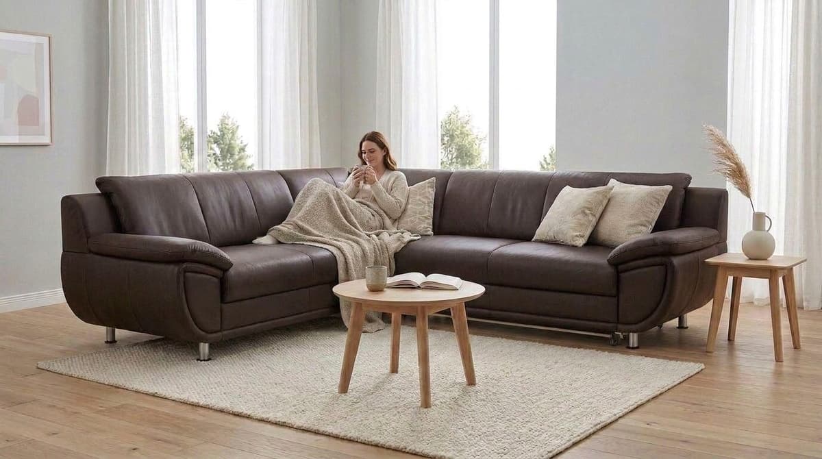Ecksofa TRENDMANUFAKTUR "Rondo 267 cm, elegant, bequem, Breite, L-Form, Chromfüsse", braun, B:267cm H:85cm T:247cm, Microfaser PRIMABELLE (100% Polyester);Kunstleder SOFTLUX;Struktur (54% Polyacryl, 46% Polyester);NaturLEDER (echtes Rindsleder) in Sitz un