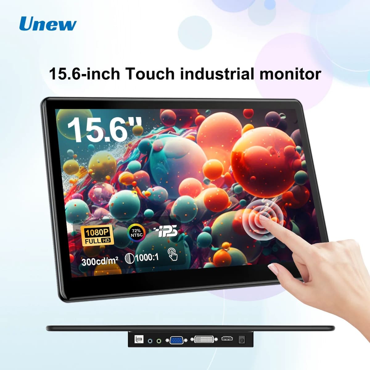 UNEW 15.6 inch Touch Monitor 1080P FHD   Multi-Input VGA/USB/AV/HDMI Second Display Touchscreen 1920x1080 VESA 75*75mm For CCTV DIY