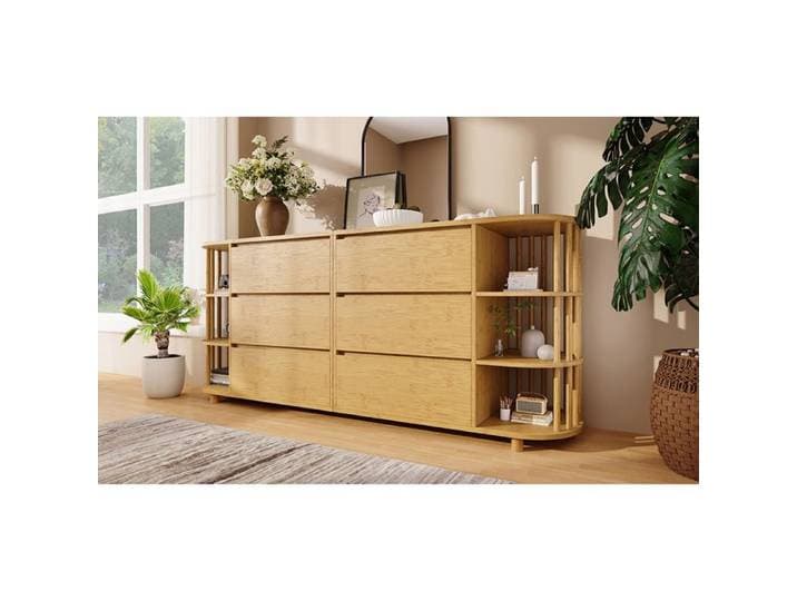 Modenuit Buffet bas 160 cm en MDF et bambou 6 tiroirs étagères ouvertes latérales aspect chêne