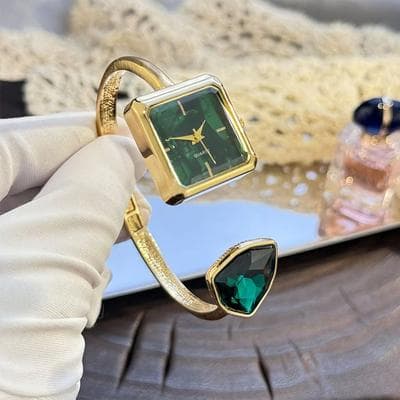 Inspire Select Glamour Gem Square Open Bracelet Women's Quartz Watch green