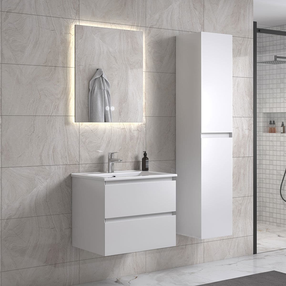 Noradesign 60 Cm Hvid Mat Badeværelsesmøbel Med Spejl Og 1 Højskab