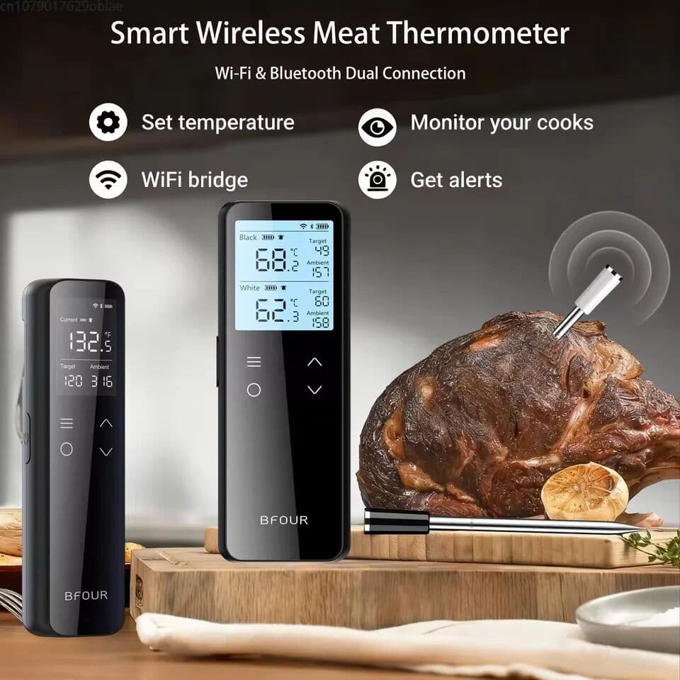 NONE WiFi Unlimited Range Meat Thermometer Wireless Bluetooth Probe Rechargeable Support APP Alarm Reminder for BBQ, Oven, Air Fryer