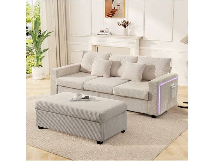 Canapé modulaire 3 places avec pouf amovible LED - MODENVIE - poches tissu côtelé beige 184 × 84 5 × 85 5 cm