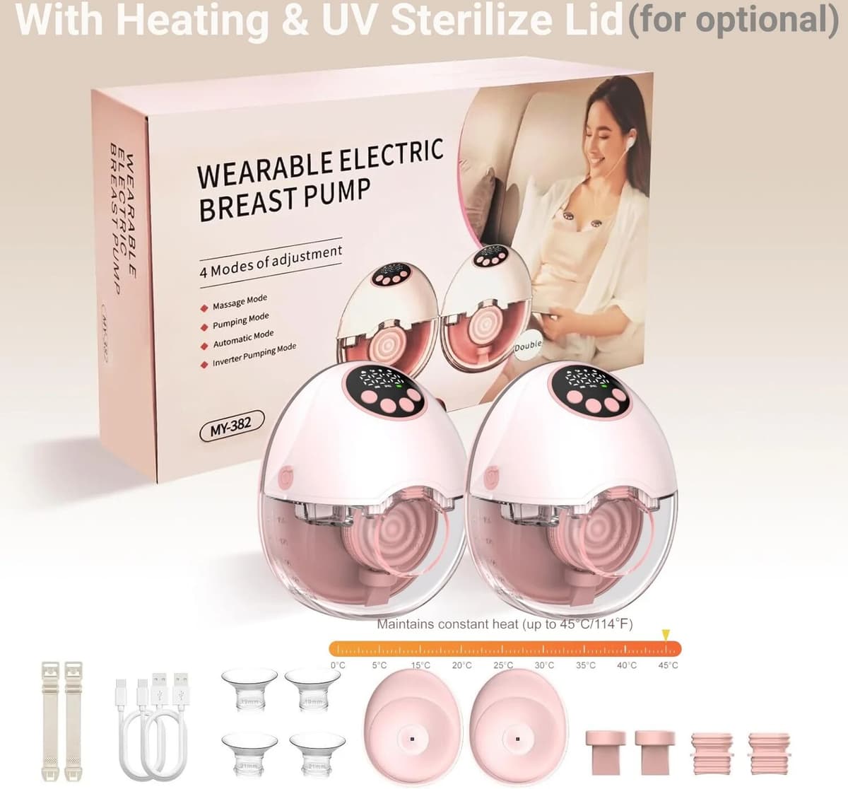 Manada Breast Pump Electric Handsfree BPA Free With Heating & UV Sterilize Lid Optional Wireless Upgrade Wearable Breastfeeding Pump