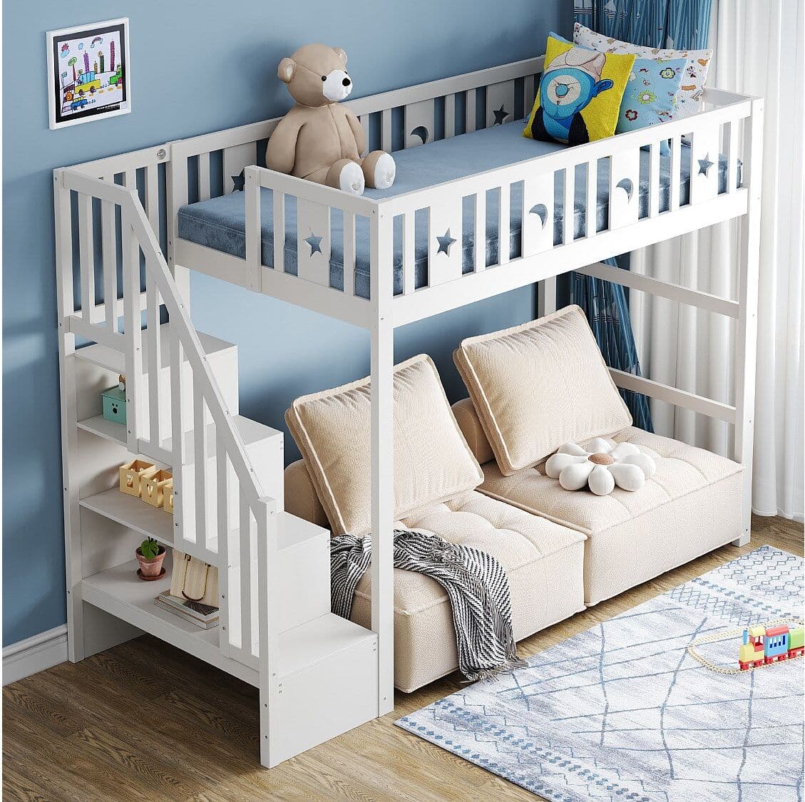 Merax Kinderhoogslaper - 90 x 200 - met opbergruimte in de trap + veiligheidshekje - hout + MDF - wit