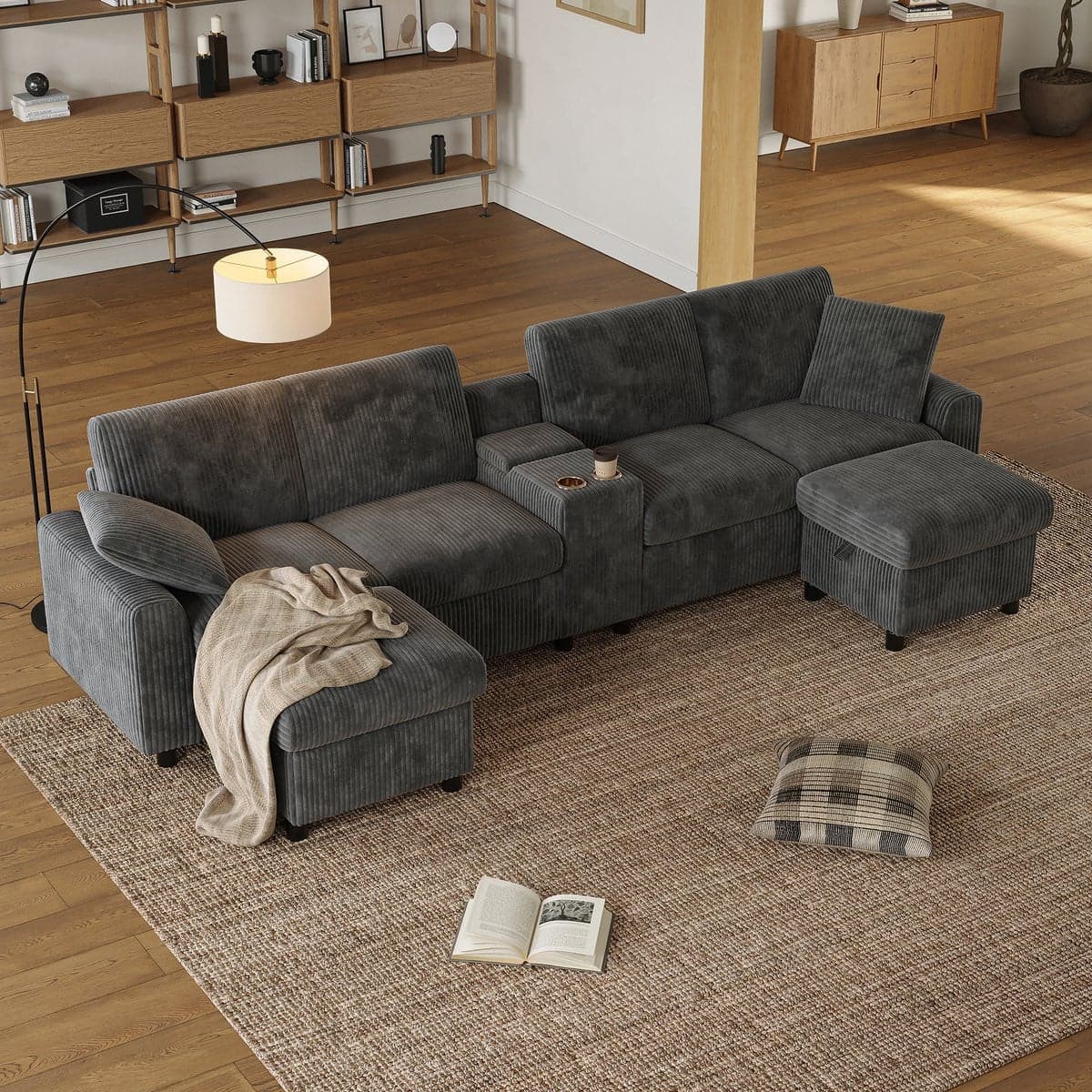Zubaliya U-Bank 4-Zits Corduroy U-vormige bank met 2 opbergpoefjes, salontafel, bekerhouders en USB-poorten, Grijs, B315 x H81 x D135 cm