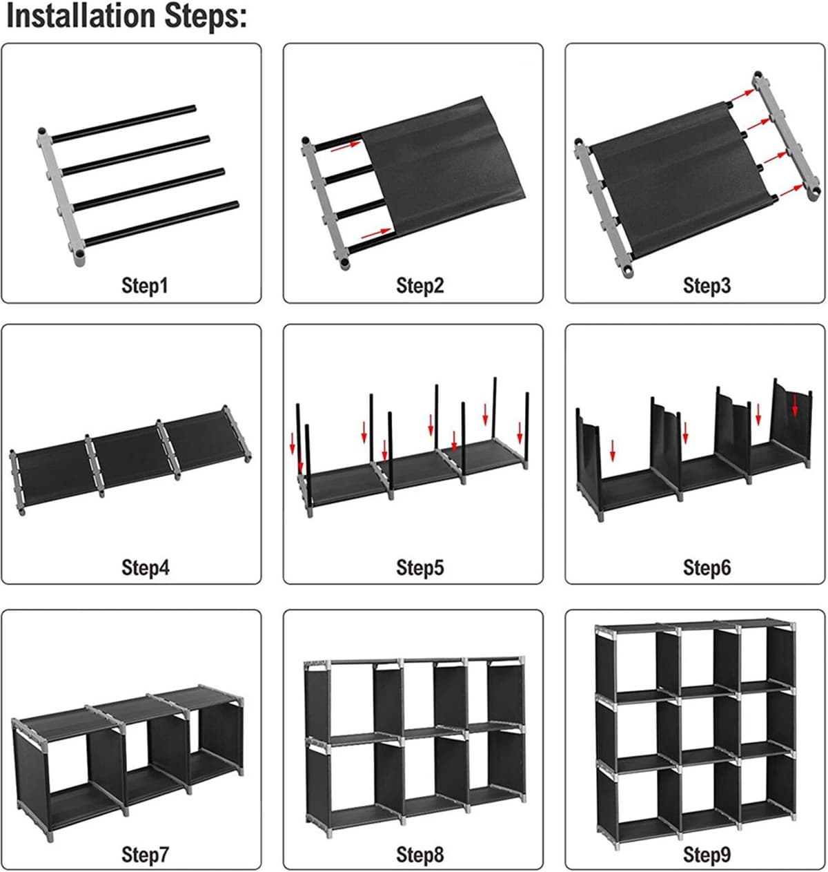 NONE 3 Tiers 9 Cubes Modular Storage Organizer Shelf Black Multifunctional DIY Assembled Closet Cabinet for Bedroom Living Room