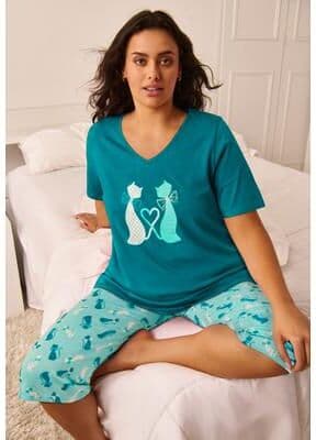 Plus Size Women's 2-Piece Capri Cotton PJ Set by Dreams & Co. in Deep Teal Cat (Size 5X) Pajamas