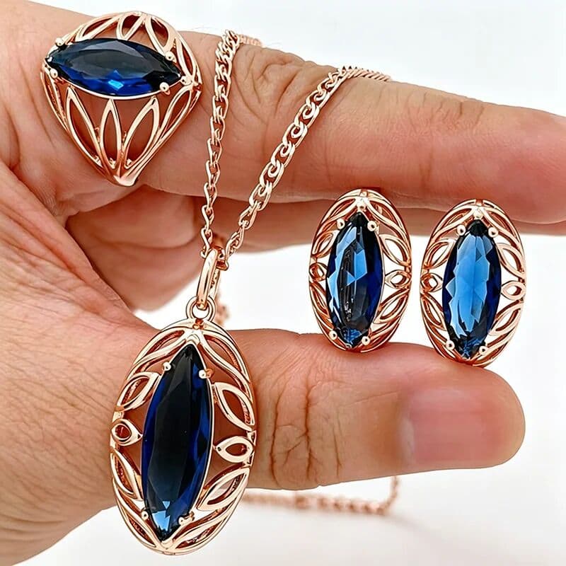 Kinel Shiny Long Rhombus Blue Natural Zircon Ring Earrings Necklace for Women Fashion 585 Rose Gold Color Wedding Jewelry Sets