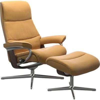 Relaxsessel STRESSLESS "View", gelb (honey paloma), B:91cm H:110cm T:85cm, Sessel, Relaxsessel, mit Hocker, mit Cross Base, Größe S, M & L, Holzakzent Wenge
