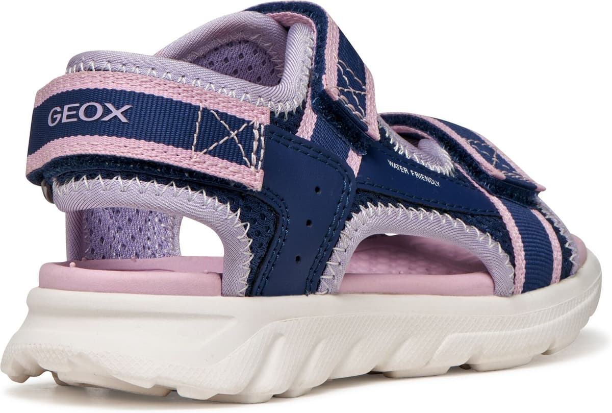 Sandale GEOX "J SANDAL AIRADYUM GI", Mädchen, Gr. 34, Textil, blau (navy, lila), Synthetik, Textil, Schuhe Sandale, Klettschuh mit Logo, Grössenschablone zum Download navy, lila 34, Textil