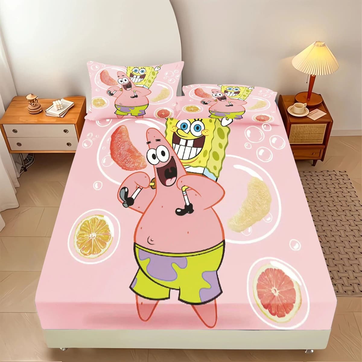 Potdemiel SpongeBob SquarePants Fitted Sheet Set Patrick Star Fruit Grapefruit Bubble Print Pink Base Cartoon Kids Bed Sheet