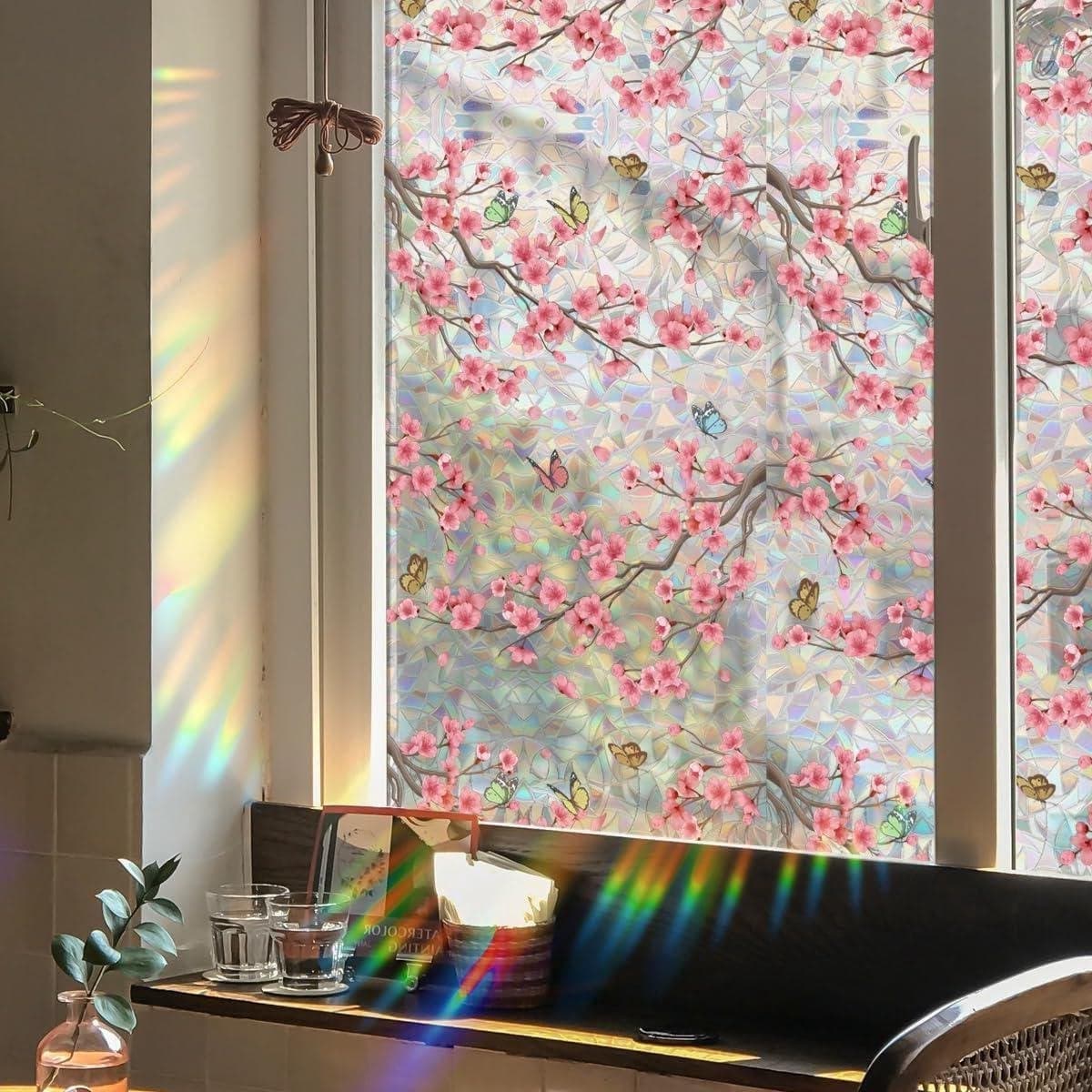 Decoratieve Raamfolie met Bloemenprint en Regenboogeffect - Privacy Folie - 40 x 101,6 cm