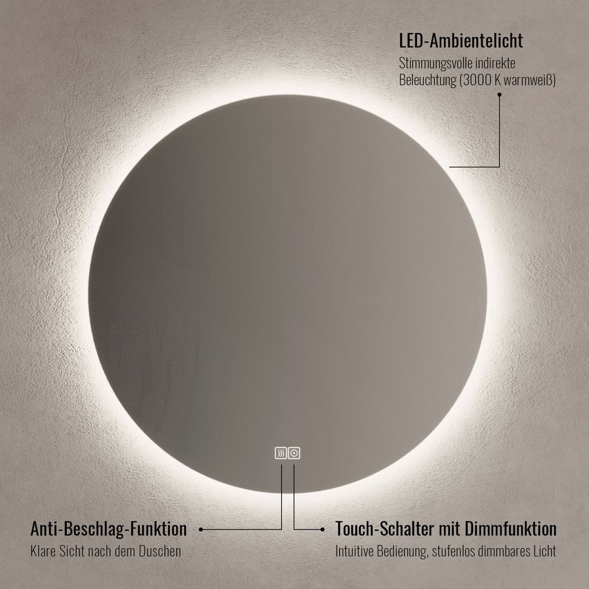 Kronenbach Moon Badspiegel Ø 120 cm mit Spiegelheizung und LED-Treiber
