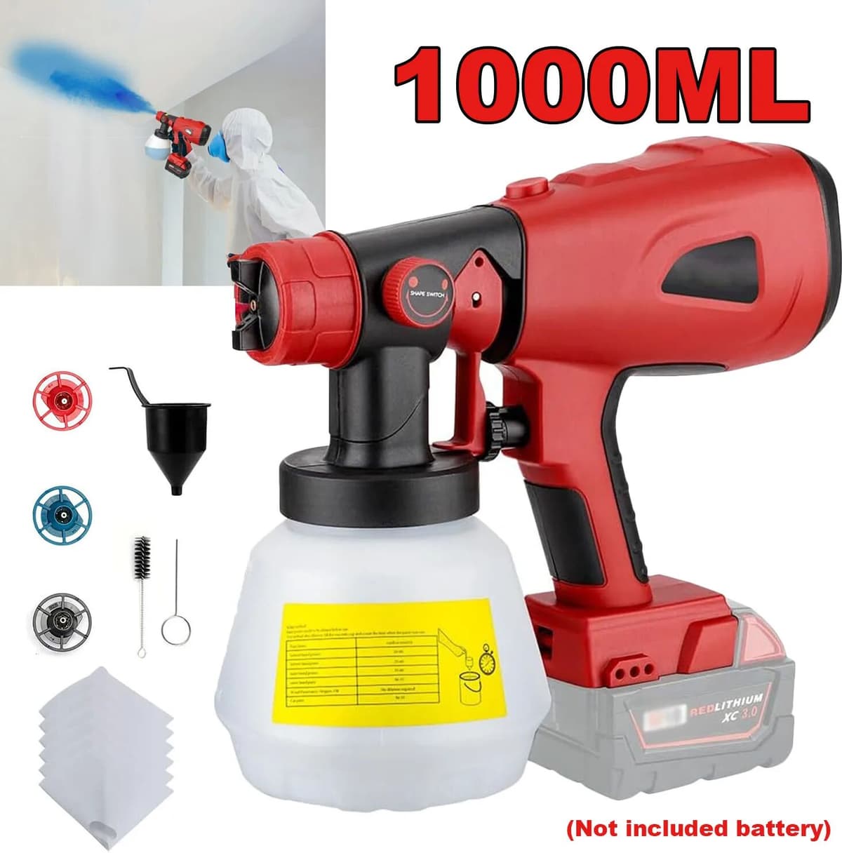 NONE Cordless Paint Sprayer replacement for Milwaukee Battery Handheld Electric Paint Sprayer with 1000ML Container 3pcs Nozzle