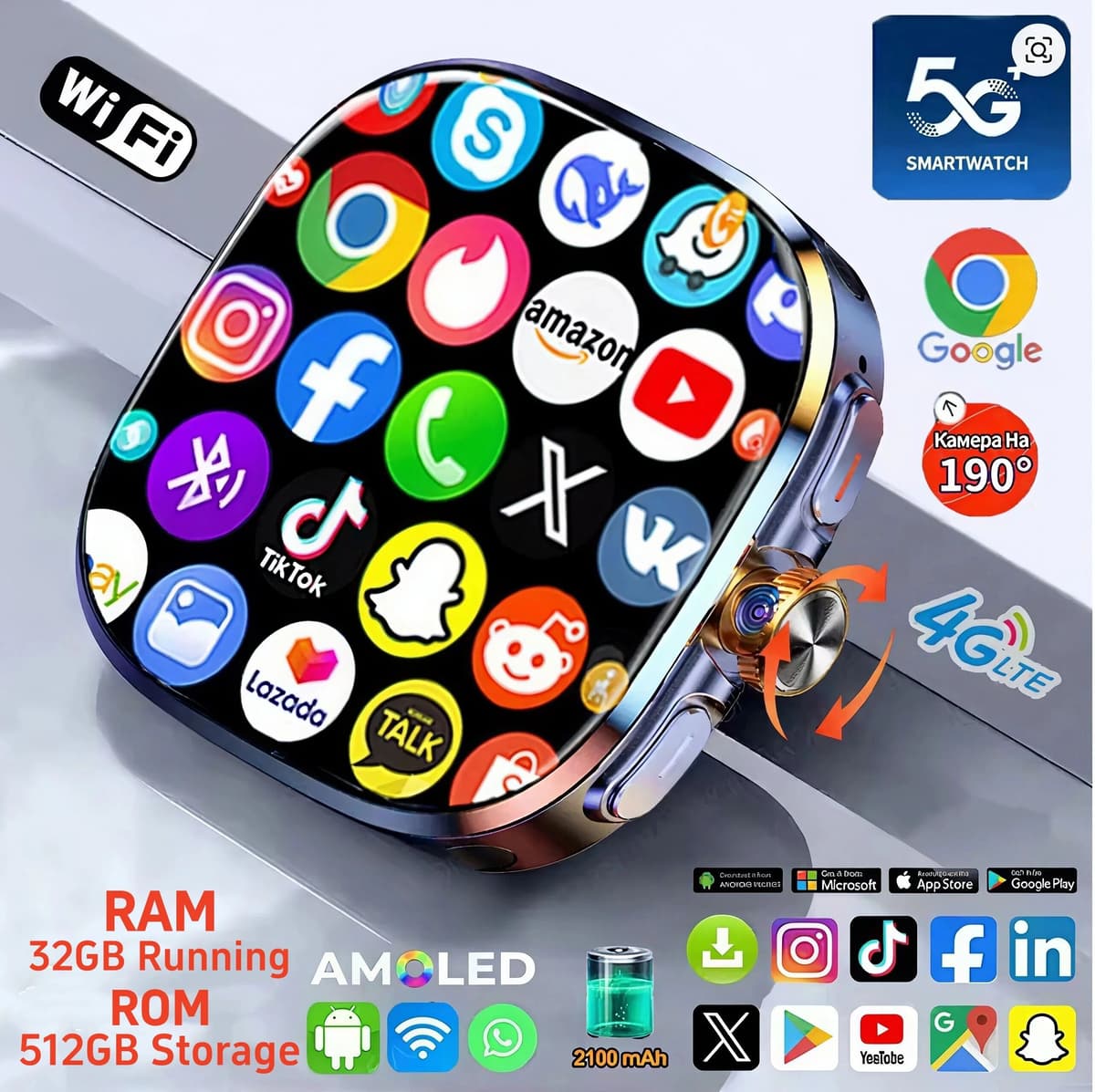 Zestbolt M99 Smartwatch 5G LTE Android 10.0 2.4-inch AMOLED Display Smart Watch With 800W Pull-out Camera 32GB+1024GB Sim Card Slot