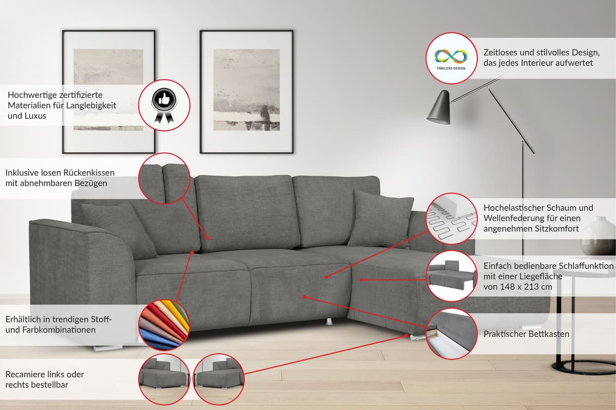 Ecksofa GOODPRODUCT "BEATRICE optionale Schlafsofa mit Bettkasten, B/T/H: 265/170/86 cm", beige (creme), B:265cm H:86cm T:170cm, 100% Polyester, Sofas, Ecksofa, L-Form, wahlweise auch mit Bettfunktion und Bettkasten creme B/H/T: 265cm x 86cm x 170cm, Samt