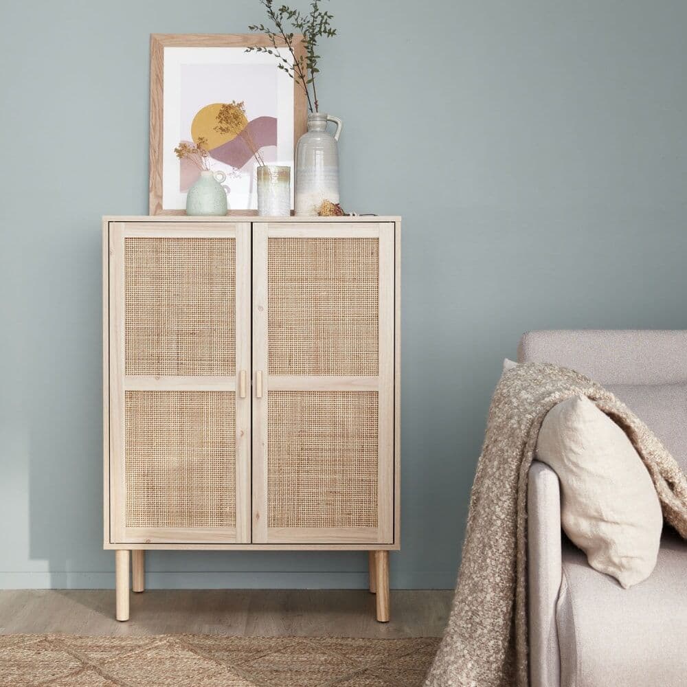 sweeek Aparador de efecto caña y madera con 2 puertas, 80cm, natural