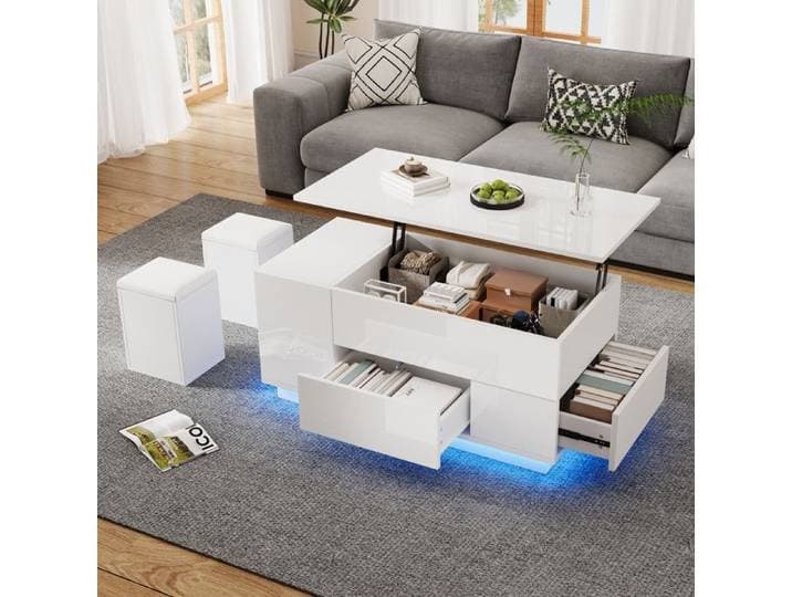 VLIVRA Table basse - avec 2 tiroirs et table élévatrice éclairage led via usb table canapé design moderne 100x50x4559 cm - blanc