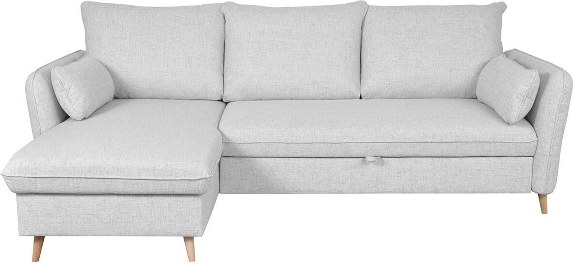Miliboo Canapé d'angle convertible réversible avec coffre 3-4 places en tissu gris clair et bois clair DRISS
