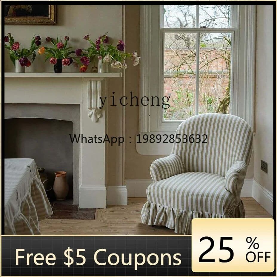 NONE D24- French Retro Single Sofa Living Room Vintage Style Conversation Chair Living Room Bedroom Country Style Leisure Chair