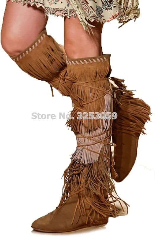 ALMUDENA Classic Brown Blue Sude Fringe Knee High Boots Lace-up Low Heel Drape Tassel Shoes Long Boots Celebrity Gladiator Shoes