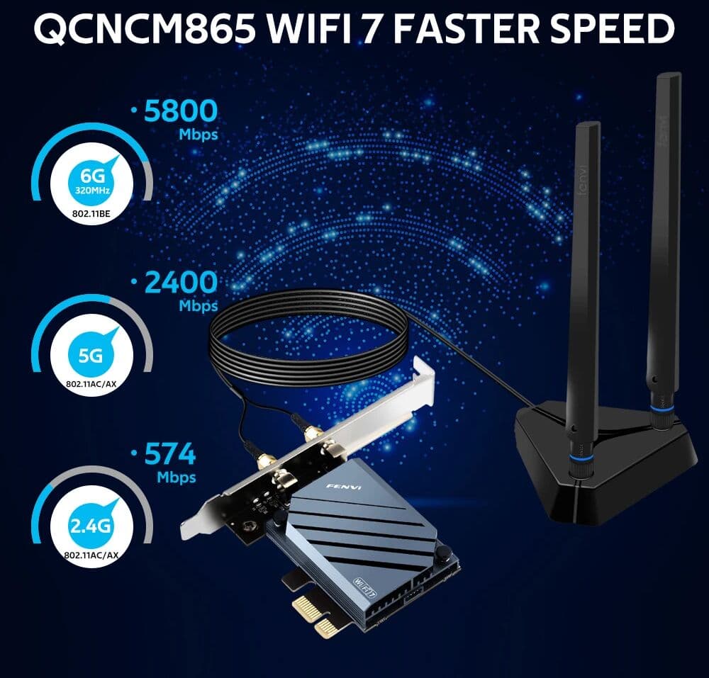 FENVI WI-FI 7 QCNCM865 PCIE Wifi Adapter Bluetooth 5.3 WiFi 7 up to 5.8Gbps Tri-band with Qualcomm Wireless Card for Windows 11