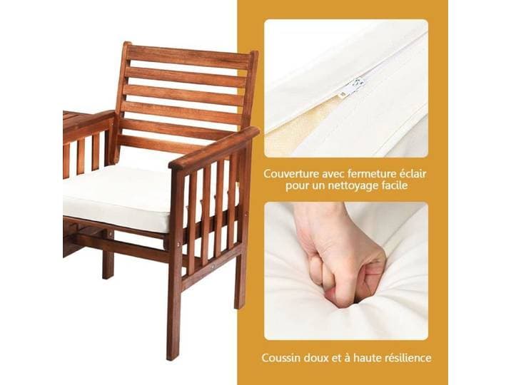 GIANTEX 3 Pièces Ensemble de Salon de Jardin en Bois d'Acacia avec 2 Fauteuils et 1 Table Chaises Banc de Patio 2 Places
