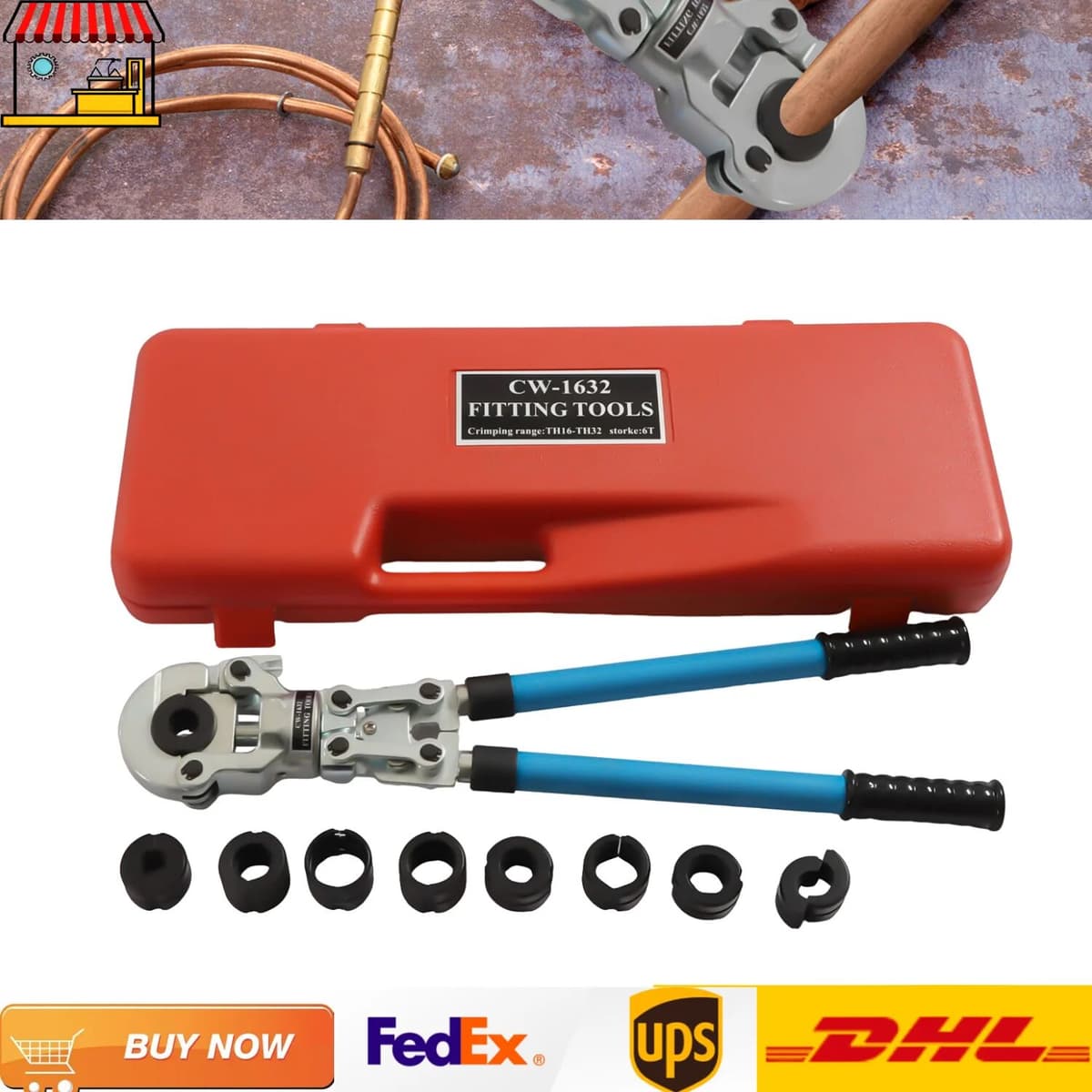 CNCEST Blue CW - 1632 PEX Crimping Press Pliers  Crimping Tools Set with 9 Dies for Aluminum Plastic Copper Pipe Plumbing Repair